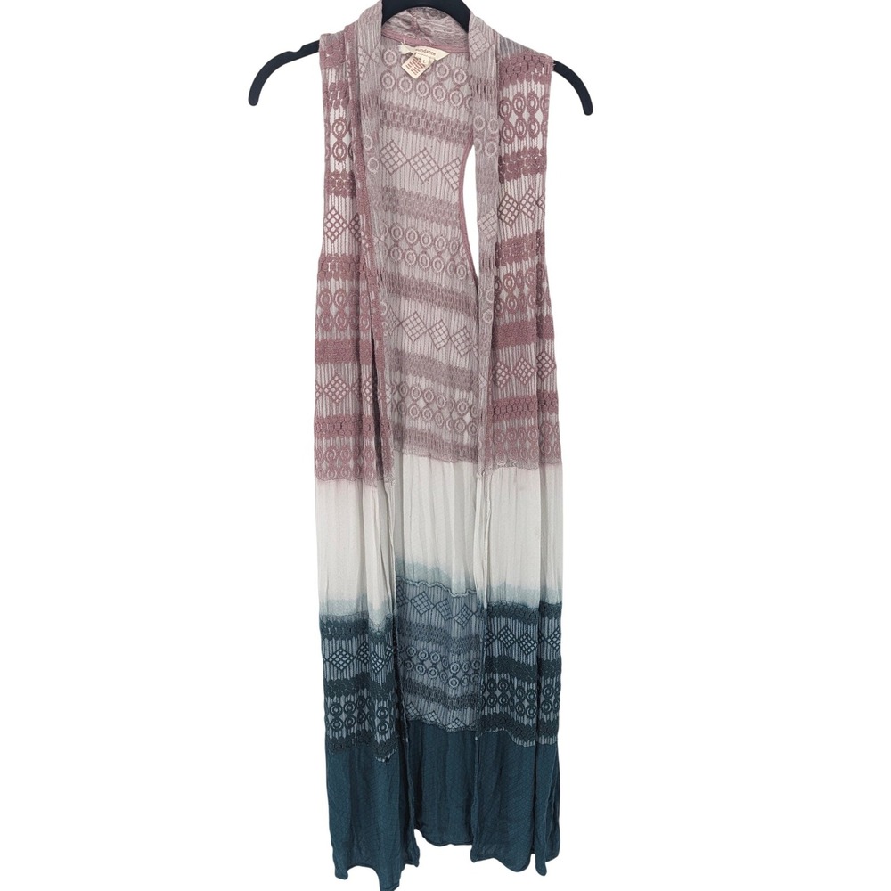 Sundance Crochet Lace Duster Vest Womens Large Multicolor‎ Kimono Boho Tie Dye